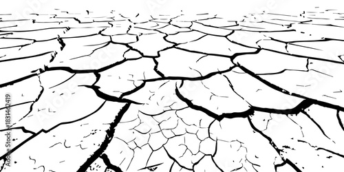 Dry, cracked earth texture with bold contrast and detailed fissures, depicting drought and climate change. High-resolution abstract background perfect for environmental, natural, and conceptual design