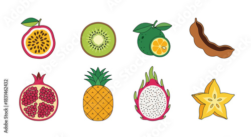 Colorful tropical fruits collection isolated on white background