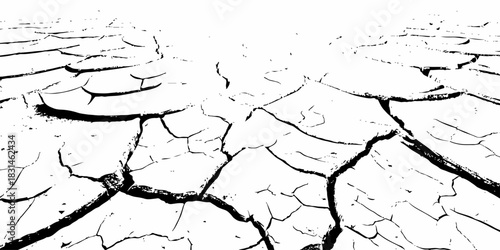 Dry, cracked earth texture with bold contrast and detailed fissures, depicting drought and climate change. High-resolution abstract background perfect for environmental, natural, and conceptual design