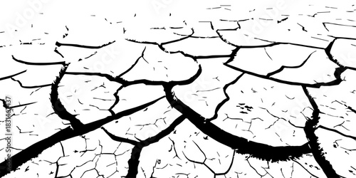 Dry, cracked earth texture with bold contrast and detailed fissures, depicting drought and climate change. High-resolution abstract background perfect for environmental, natural, and conceptual design