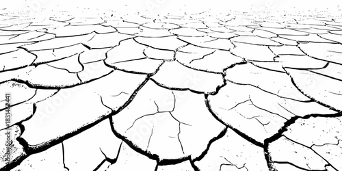 Dry, cracked earth texture with bold contrast and detailed fissures, depicting drought and climate change. High-resolution abstract background perfect for environmental, natural, and conceptual design