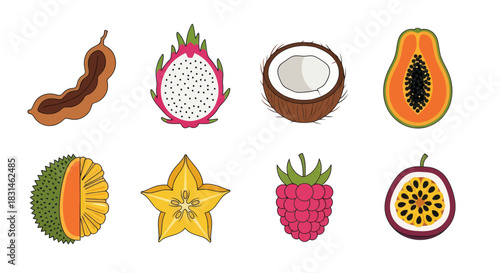 Colorful tropical fruits collection isolated on white background