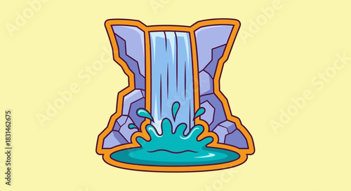Cartoon waterfall cascading down rocky cliffs into a turquoise pool of water.