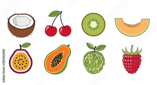 Colorful fruits assortment isolated on white background for design elements