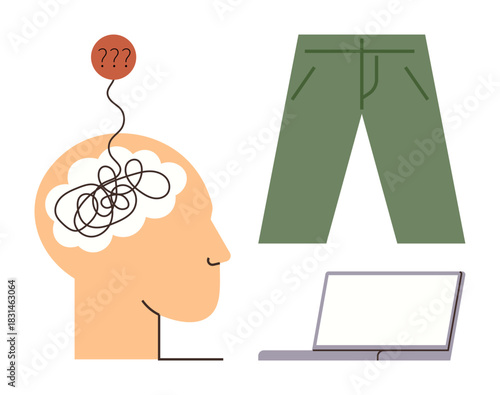 Tangled thoughts in human head, green pants, and laptop exploring decision-making, problem-solving. Ideal for mental clarity, confusion, productivity, work-life balance, abstract thinking creative