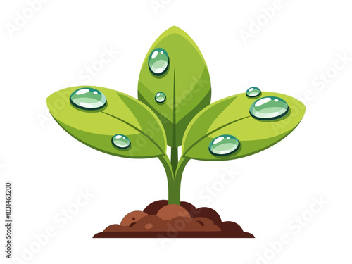 A young green sprout with water droplets emerging from rich soil, symbolizing growth and new beginnings