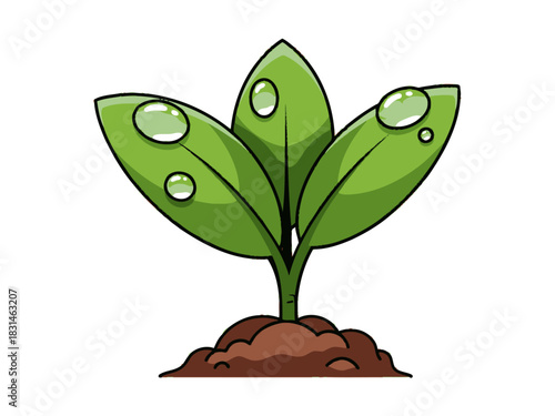 Fresh Green Plant with Dew Drops Growing from Soil in a Cartoon Illustration Style