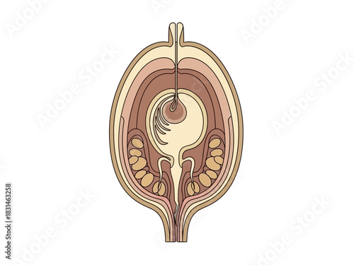 Detailed anatomical illustration showcasing the intricate internal structure and developmental stages of a plant ovule or seed, highlighting botanical embryology