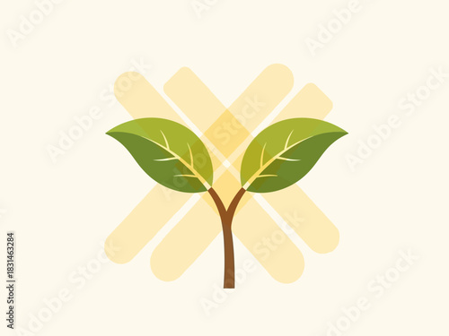 A vibrant young seedling with two green leaves sprouts from a thin brown stem, symbolizing growth and new beginnings against a pale yellow background with soft abstract shapes