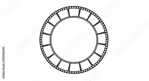 Circular film strip design with multiple frames and sprocket holes, classic movie concept.