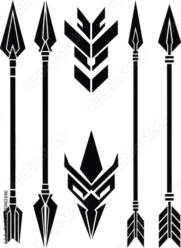 Digital vector illustration of a collection of tribal and geometric arrows, spears, and arrowhead symbols in black silhouette for gaming, tattoo, and warrior designs.