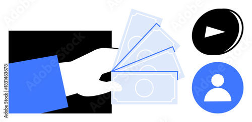 Hand holding cash bills alongside play button and user profile icon signifying payment, streaming, and user interaction. Ideal for finance, online media, e-commerce, monetization, services, fintech