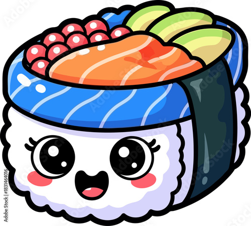 Cute Kawaii Sushi Character with Salmon and Avocado.