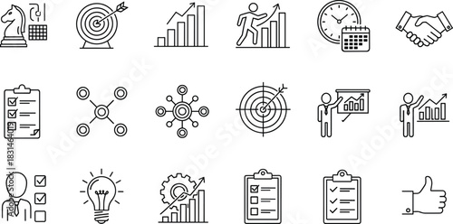 Strategy icons, productivity symbols, goal setting, business growth, time management, leadership, innovation, checklist, setting, 