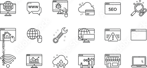 Web icons, internet symbols, SEO tools, browser window, cloud upload, analytics, homepage, global access, bug fix, Wi-Fi, online payment,