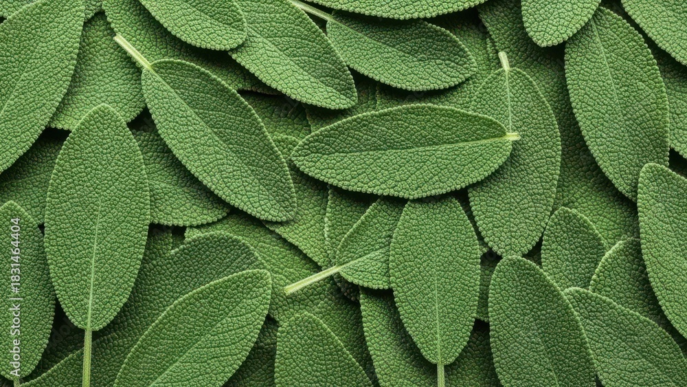 Fototapeta premium A close-up shot showcases a dense collection of fresh, green sage leaves, creating a textured, natural background.