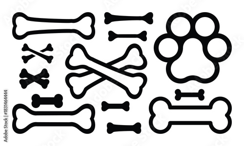 Dog Bone Outline Set with Large Paw Print Icon on White Background