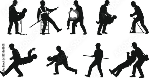 Construction workers performing rescue and emergency procedures, safety training teamwork concept, occupational safety illustration, cad drawing flat vector illustration