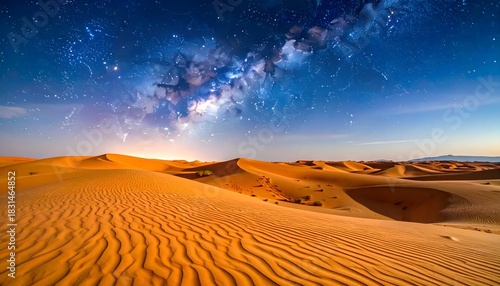 Fototapeta Naklejka Na Ścianę i Meble -  Golden desert dunes under a starry night sky with the Milky Way stretching above.