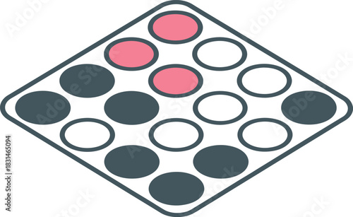 Minimalist geometric icon with a diamond-shaped grid featuring highlighted pink circles, representing a concept of selection, strategy, or uniqueness
