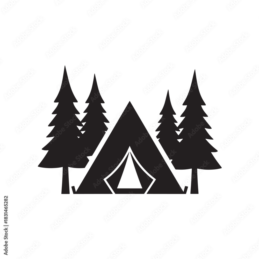 Obraz premium Camping Adventure in the Wilderness A Serene Landscape of Pine Trees and Tent