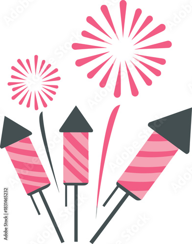 Dynamic illustration featuring a trio of striped firework rockets with radiant pink explosions, evoking the spirit of celebration, festivity, and special events