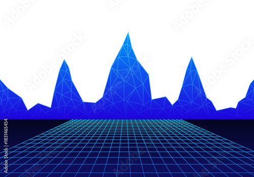 Retro wireframe digital mountain landscape with blue grid foreground and transparent background for futuristic synthwave design.