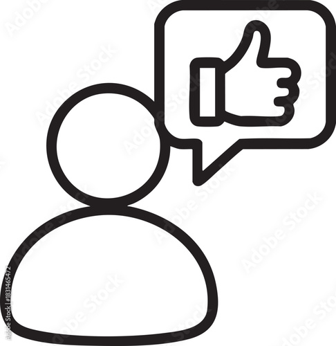 A simple black and white line drawing depicts a person with a speech bubble containing a thumbs up symbol