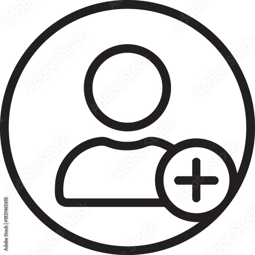 a simple black and white line drawing of a profile icon with a plus symbol inside