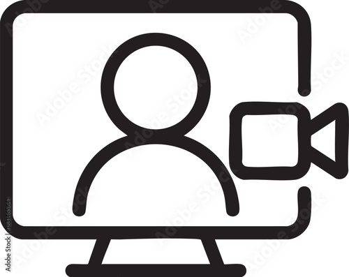A simple black line drawing depicts a computer monitor displaying a person and a video camera
