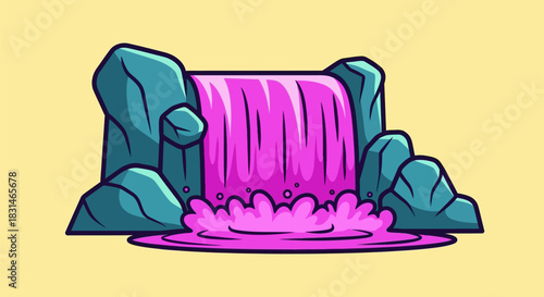 Vibrant Pink Waterfall Cascading Over Rocks.