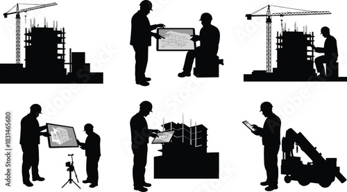 Construction workers using digital tablets and technology at worksite, modern building process with cranes and equipment, cad drawing flat vector illustration