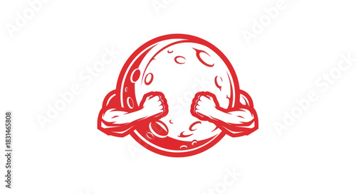 Bold red crescent moon with flexing arms symbol on white background