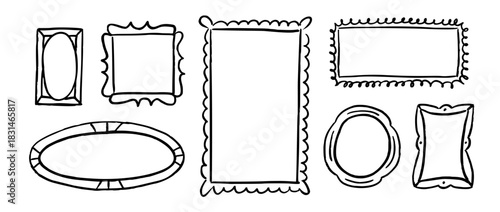 Doodled picture frame gallery collection. Hand drawn photo and image border set. Sketched mood board collage template. Memory wall composition idea. 7 scribbled art frame layout arrangement. Vector