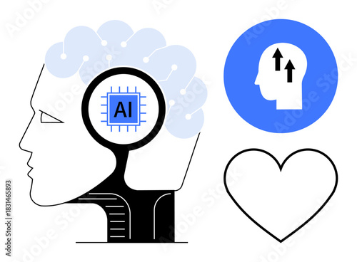 Artificial intelligence concept. Artificial intelligence ed by a brain, microchip, and technological interface. Artificial intelligence linked with emotional intelligence and growth. For innovation