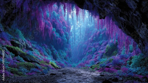 Magical forest cave with glowing vines concept. A mystical cave filled with vibrant purple foliage and soft light.