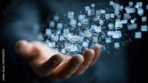 Conceptual representation of data and information flowing from human hand with digital particles
