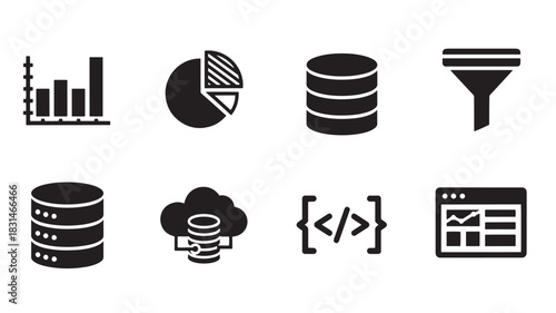 Data Analysis Icon Set Vector Illustration: Graph, Pie Chart, Database, Funnel, Cloud Storage and Coding