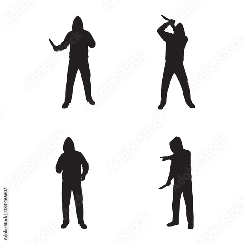 The image displays four silhouettes of individuals wearing hooded sweatshirts. Each figure is depicted in a different pose, suggesting actions such as wielding an object, gesturing, or standing 