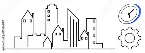 Outline of skyscrapers and buildings represents urban growth and structure. Clock highlights time management while gear denotes efficiency. Ideal for city planning, architecture, innovation