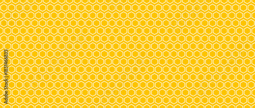Seamless honeycomb pattern. Yellow repeated hexagon grid background. Golden honey beehive mosaic shape wallpaper. Gold repeating geometric hexagonal structure. Vector wide backdrop texture