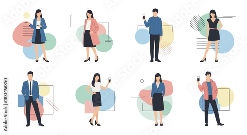 Diverse professional people illustrations standing in various poses with technology devices