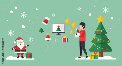 Festive Christmas celebration and online shopping illustration with Santa and cheerful character