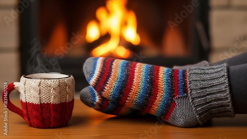Wallpaper Mural Feet in Woollen Socks, Christmas Fireplace Relaxation, Woman by Warm Fire Hot Drink, Winter Holiday Concept Close Up Torontodigital.ca