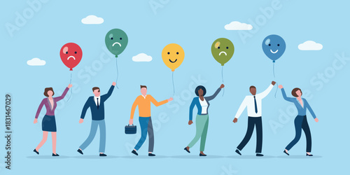 Diverse group of people holding balloons with different facial expressions