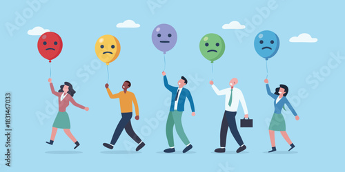 Diverse group of people holding balloons with sad faces