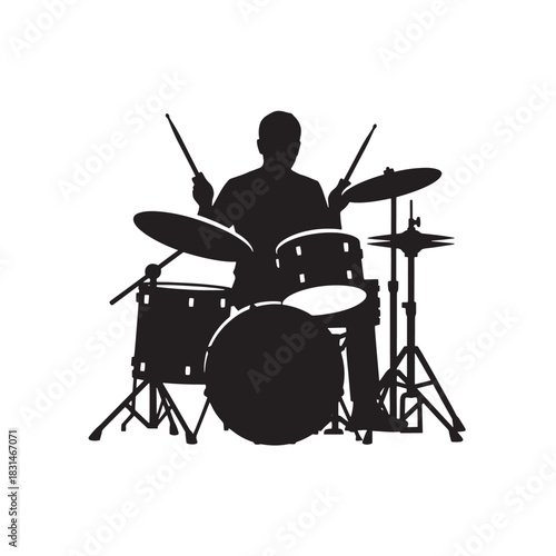 Silhouette of a Drummer Energetically Playing Drums with Precision and Passion in a White Isolated Background
