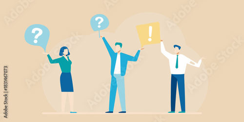 People holding speech bubbles with question and exclamation marks