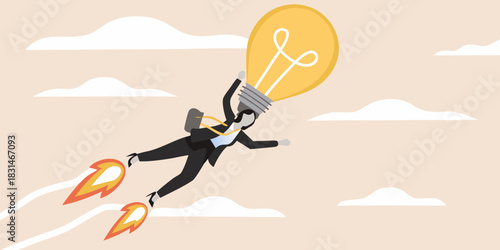 Businesswoman with jetpack and lightbulb soars through the clouds