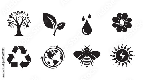 Eco-Friendly Icon Set: Tree, Leaf, Water Drop, Flower, Recycle, Globe, Bee, Sun Energy Icons for Nature and Sustainability